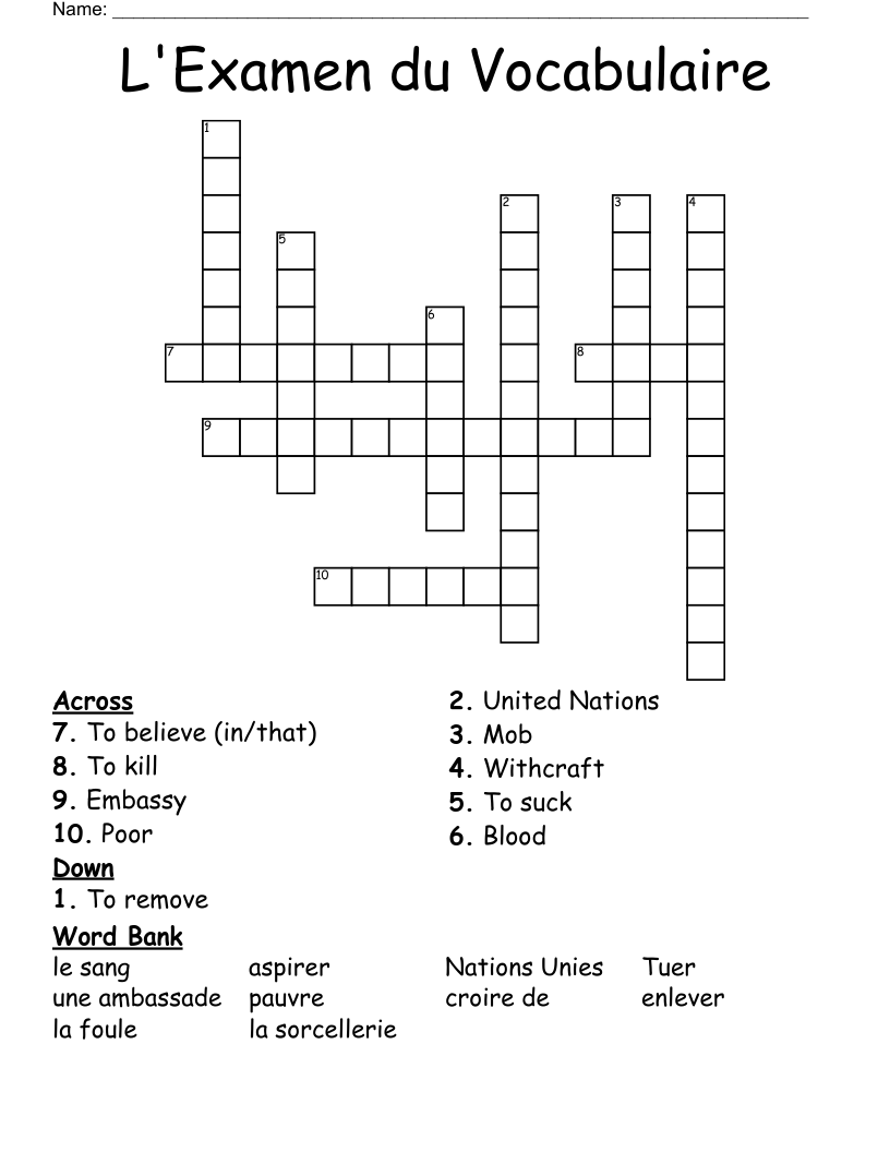 L'Examen du Vocabulaire Crossword