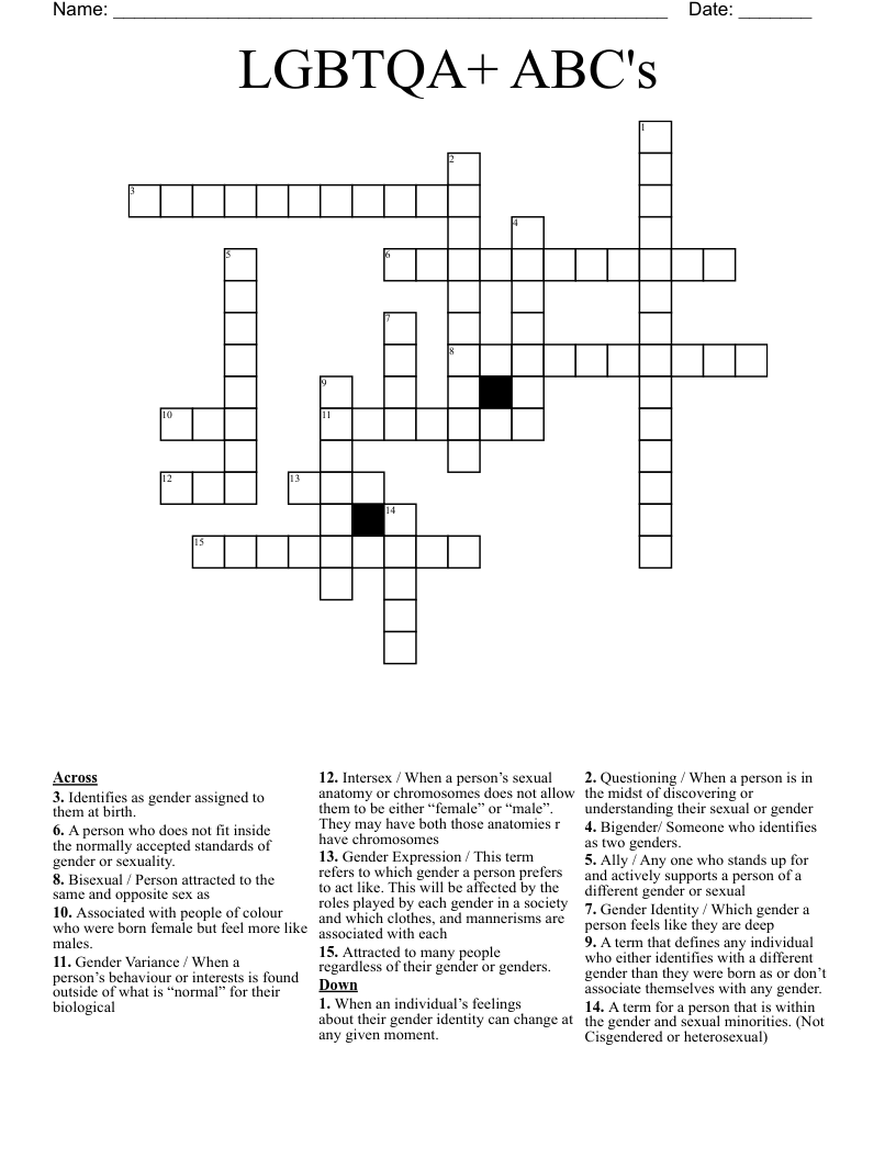 LGBTQA+ ABC's Crossword