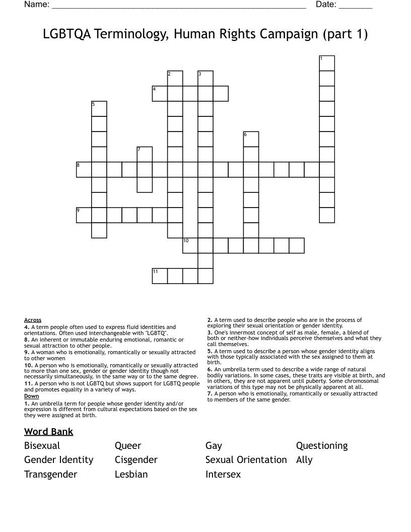 LGBTQA Terminology, Human Rights Campaign (part 1) Crossword