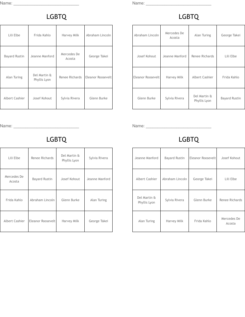 LGBTQ Bingo Cards
