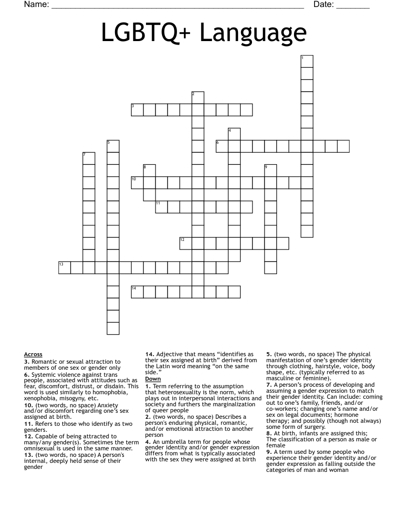 LGBTQ+ Language Crossword