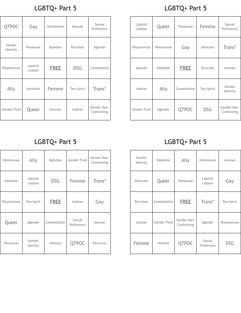 LGBTQ+ Part 5 Bingo Cards