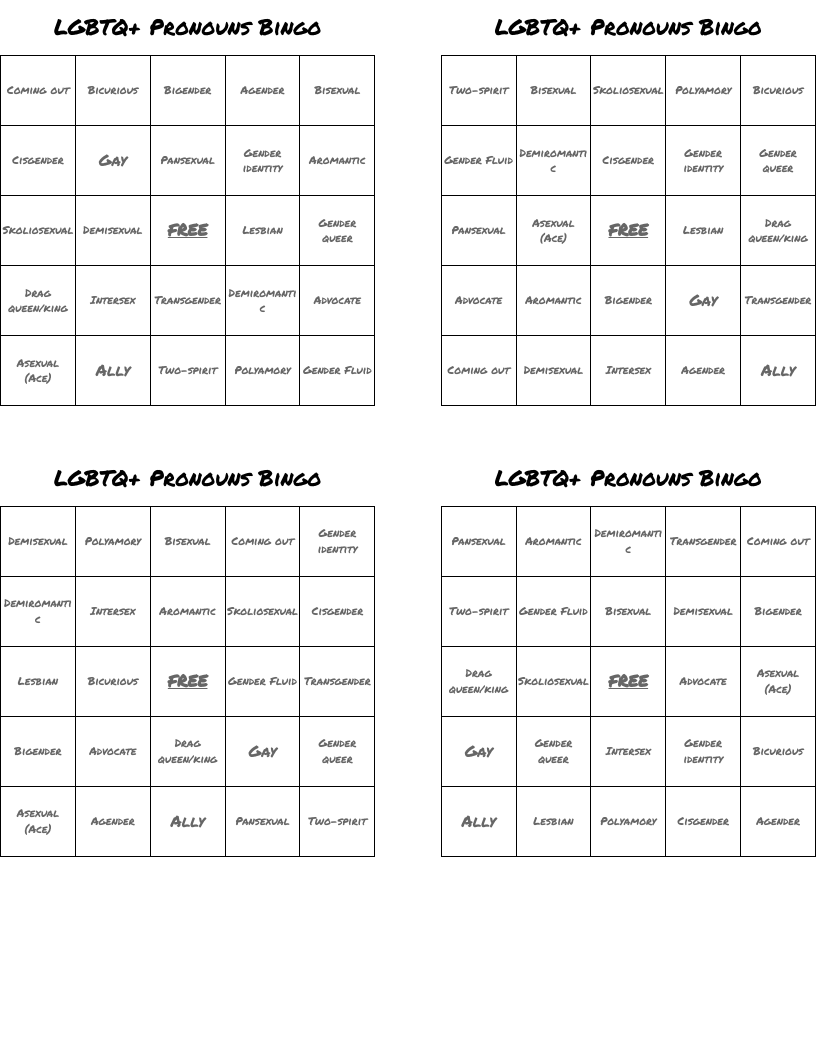 LGBTQ+ Pronouns Bingo