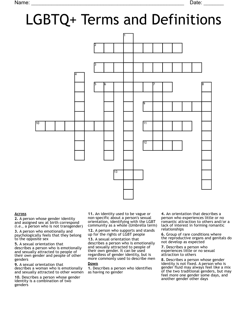 LGBTQ+ Terms and Definitions Crossword