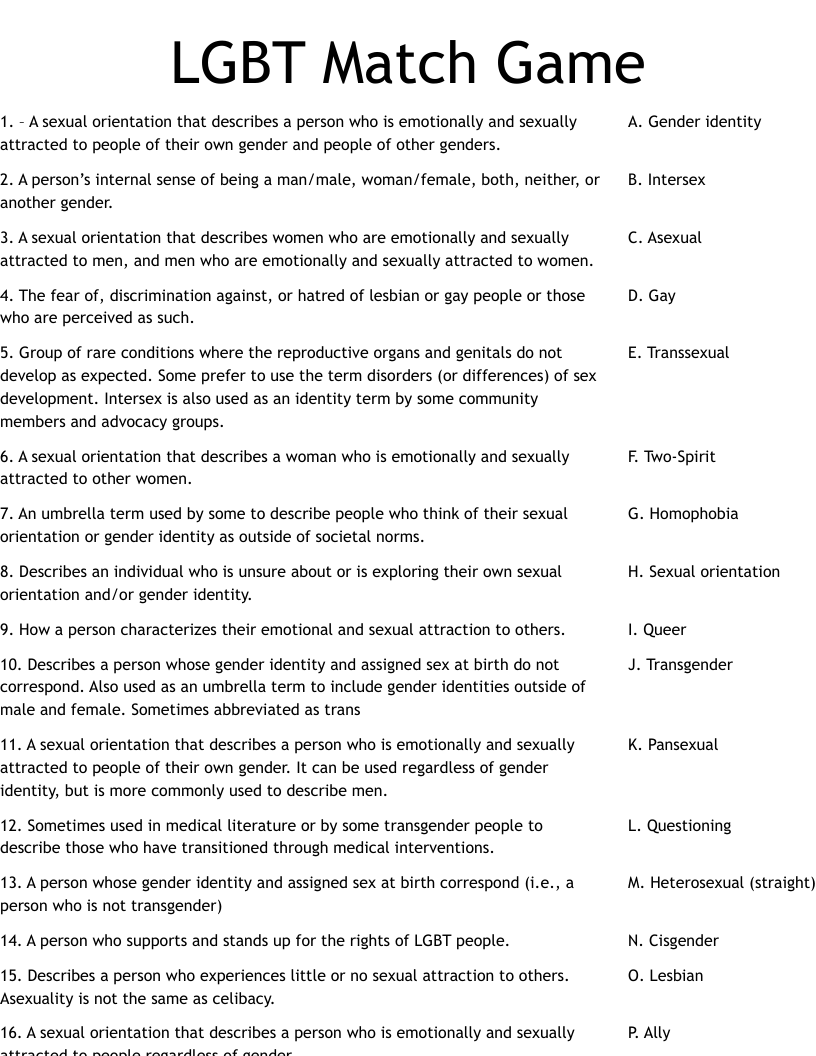 LGBT Match Game Worksheet