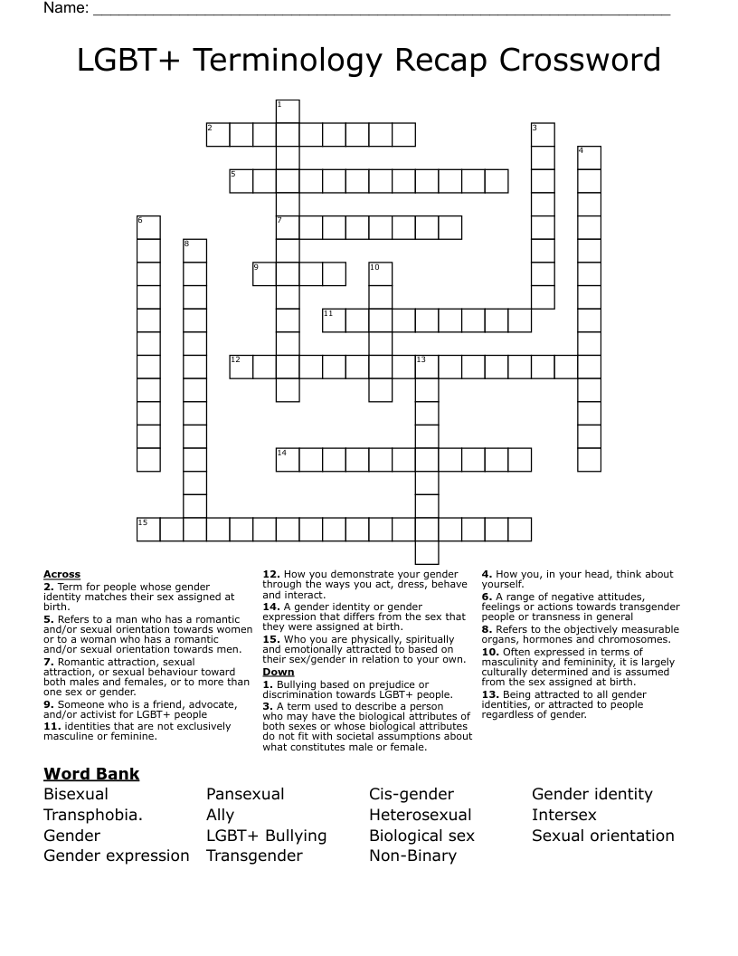 LGBT+ Terminology Recap Crossword
