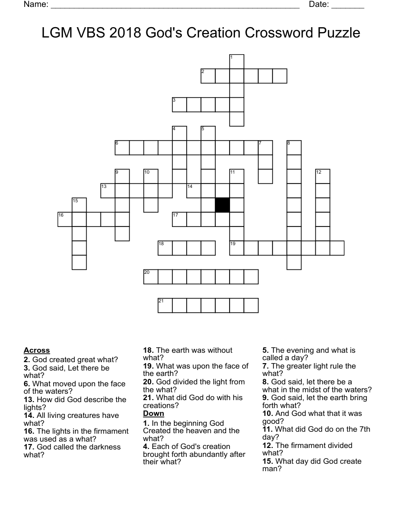 LGM VBS 2018 God's Creation Crossword Puzzle