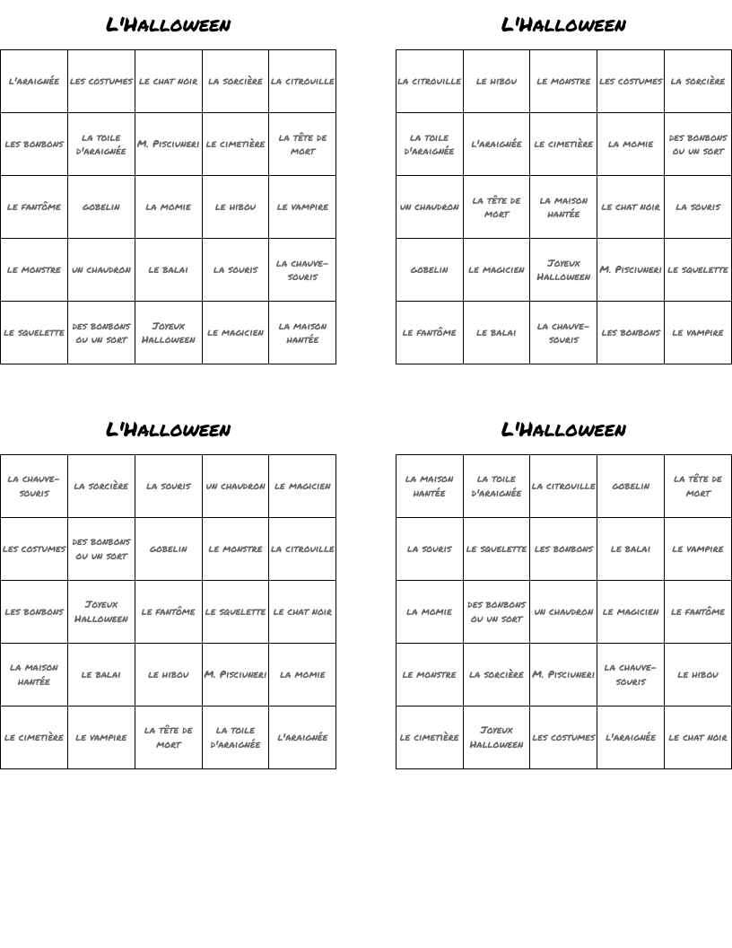 L'Halloween Bingo Cards