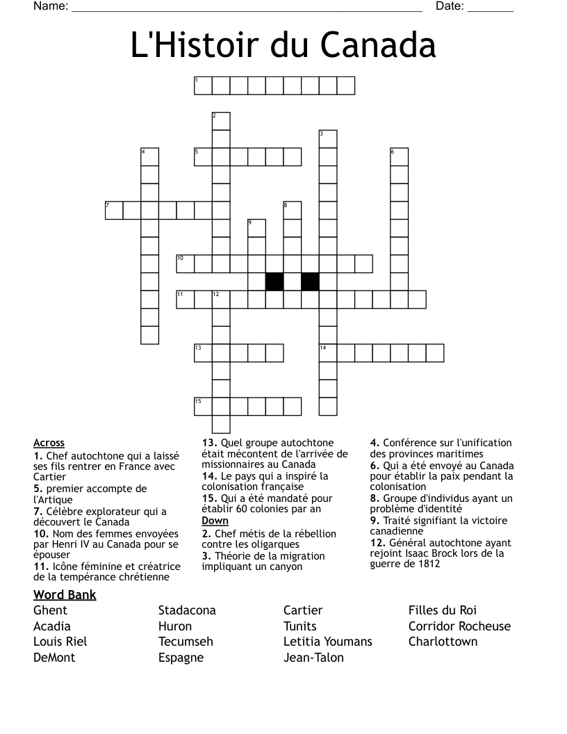 L'Histoir du Canada Crossword