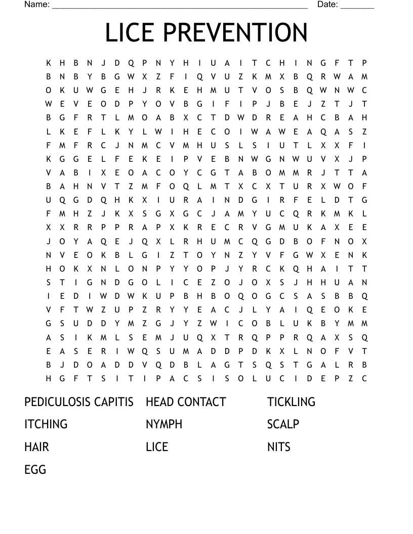 LICE PREVENTION  Word Search