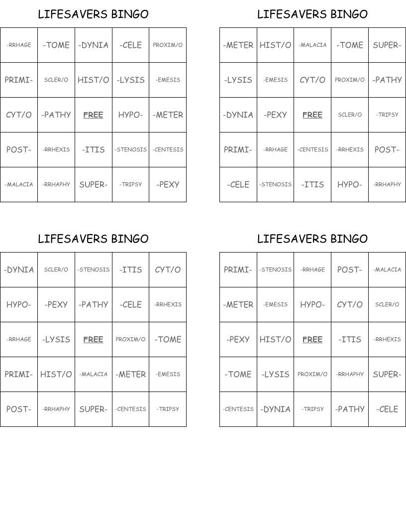LIFESAVERS BINGO