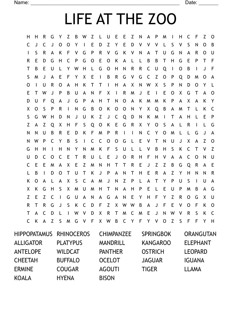 LIFE AT THE ZOO Word Search