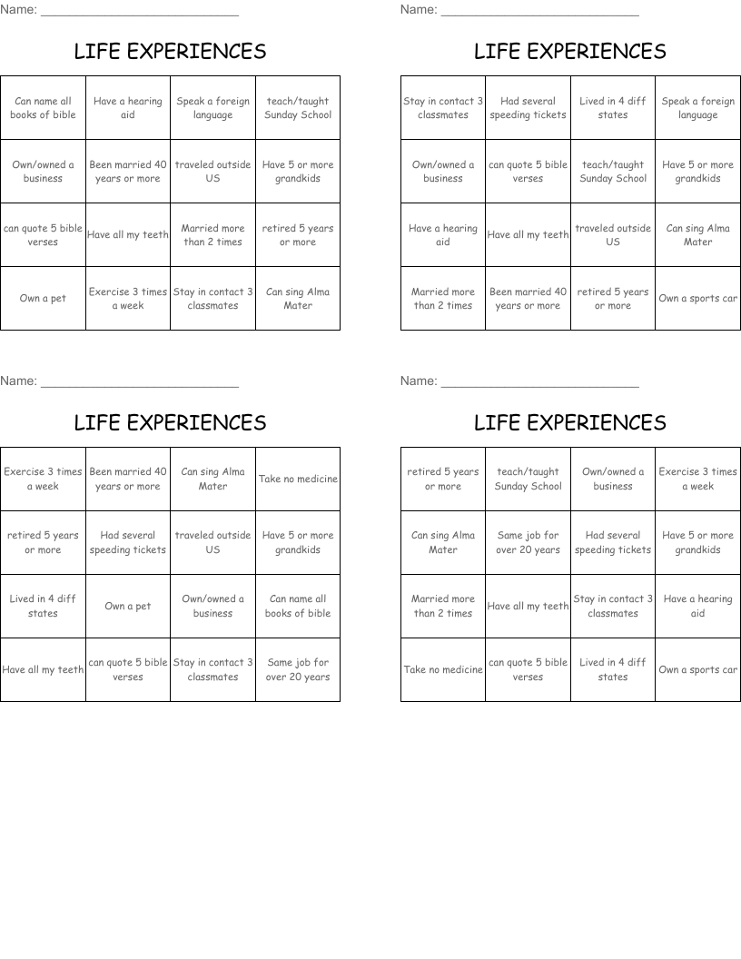 LIFE EXPERIENCES  Bingo Cards