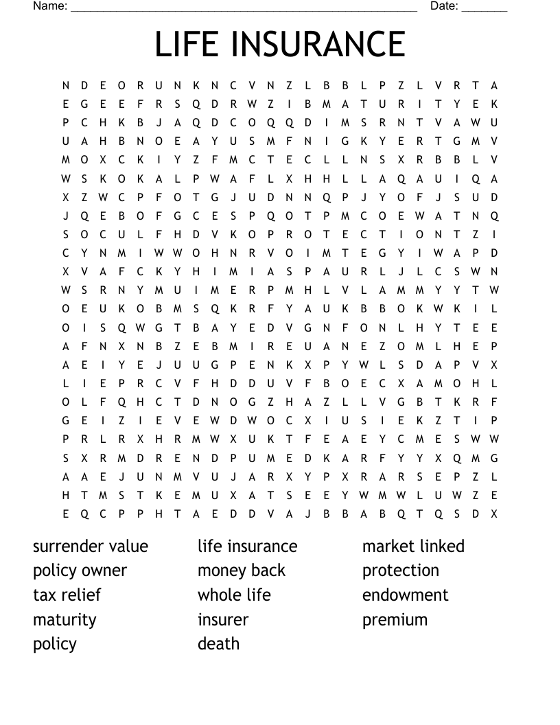 LIFE INSURANCE  Word Search
