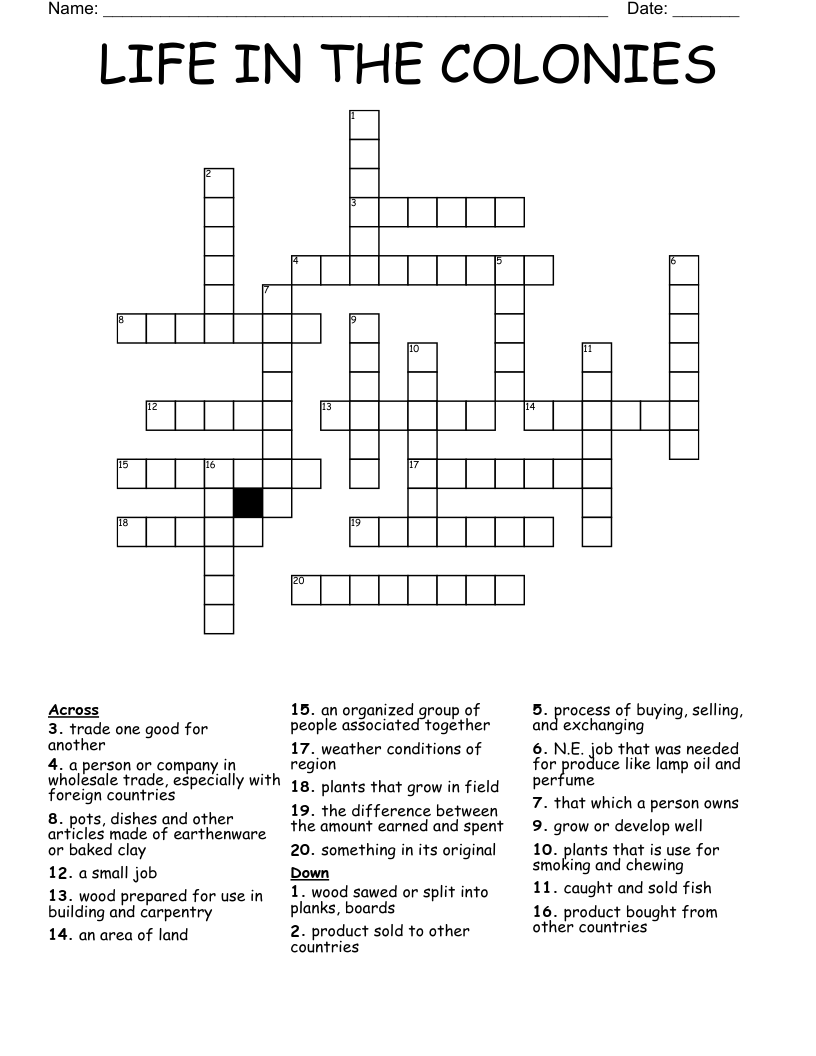 LIFE IN THE COLONIES Crossword