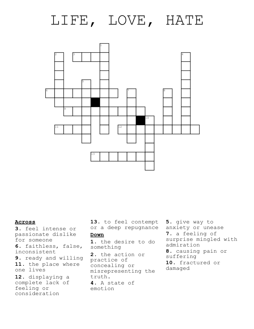 LIFE, LOVE, HATE  Crossword