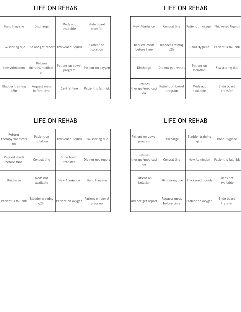 LIFE ON REHAB Bingo Cards
