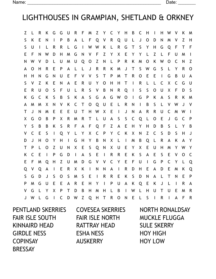 LIGHTHOUSES IN GRAMPIAN, SHETLAND & ORKNEY Word Search