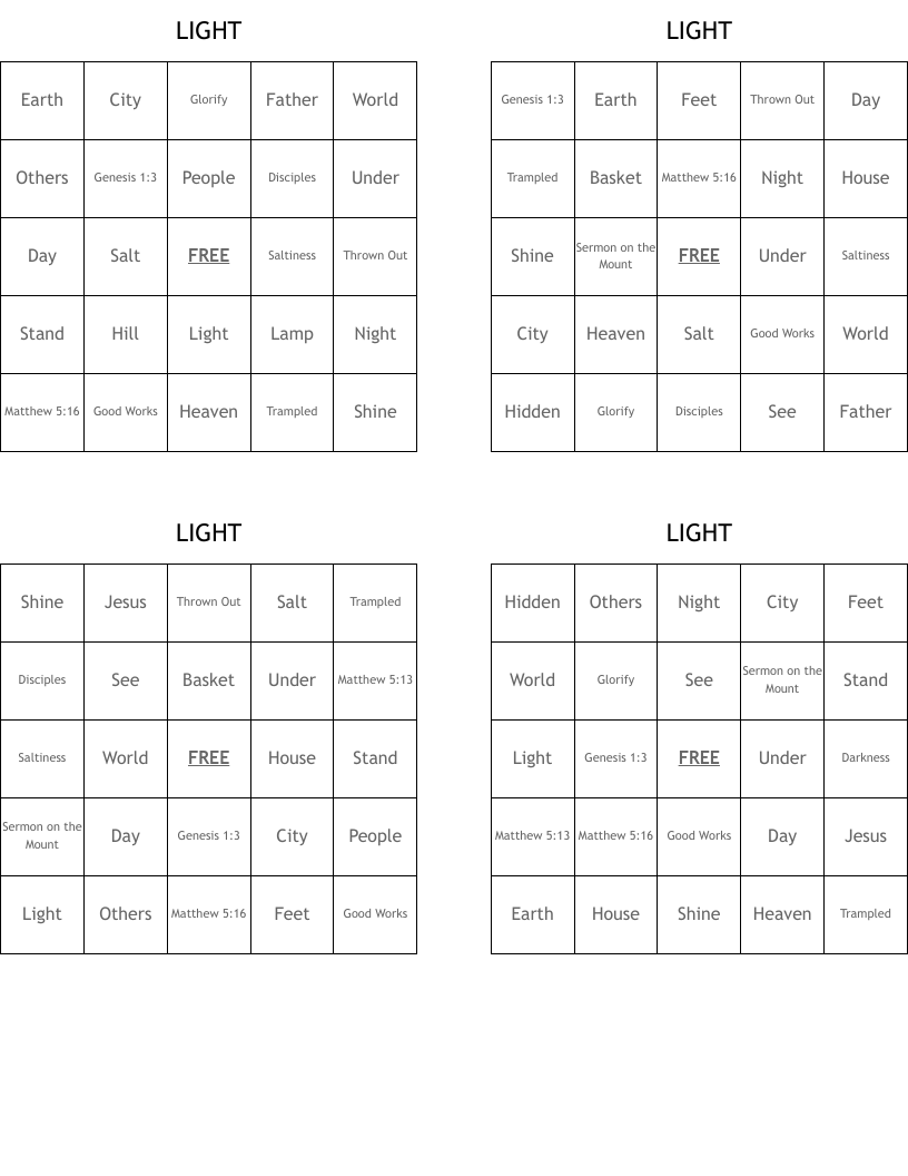 LIGHT Bingo Cards