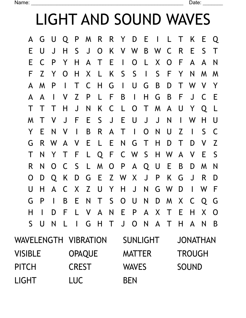 LIGHT AND SOUND WAVES Word Search