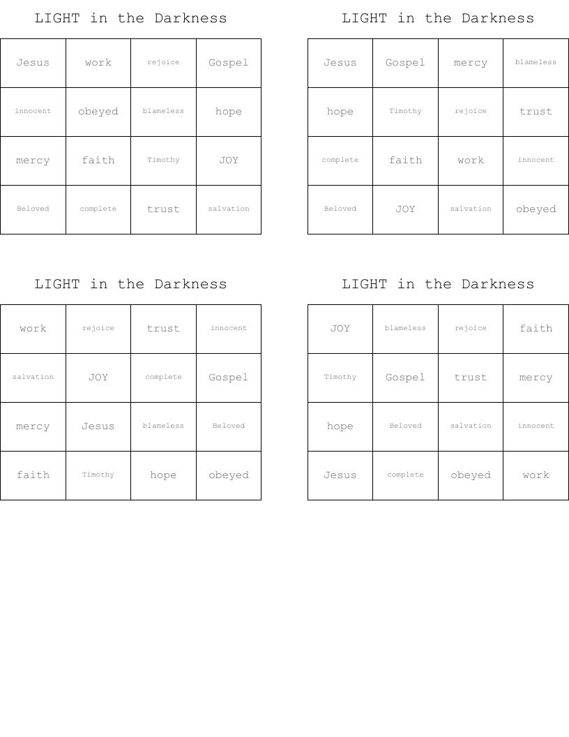 LIGHT in the Darkness Bingo Cards