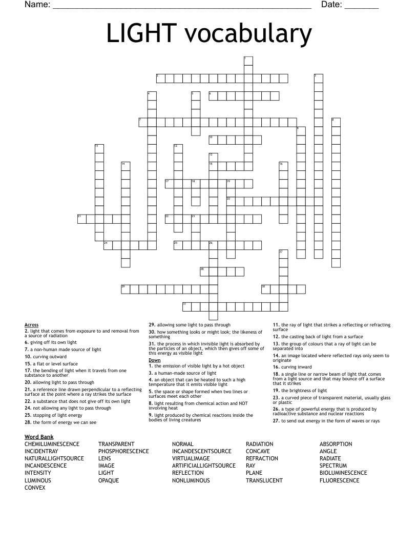 LIGHT vocabulary Crossword