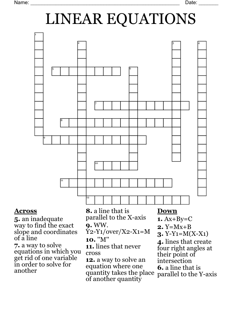 LINEAR EQUATIONS Crossword