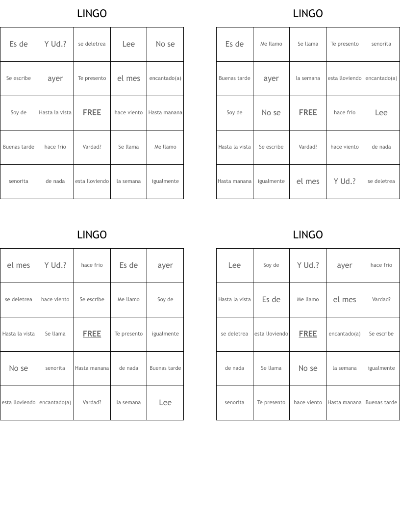 LINGO Bingo Cards