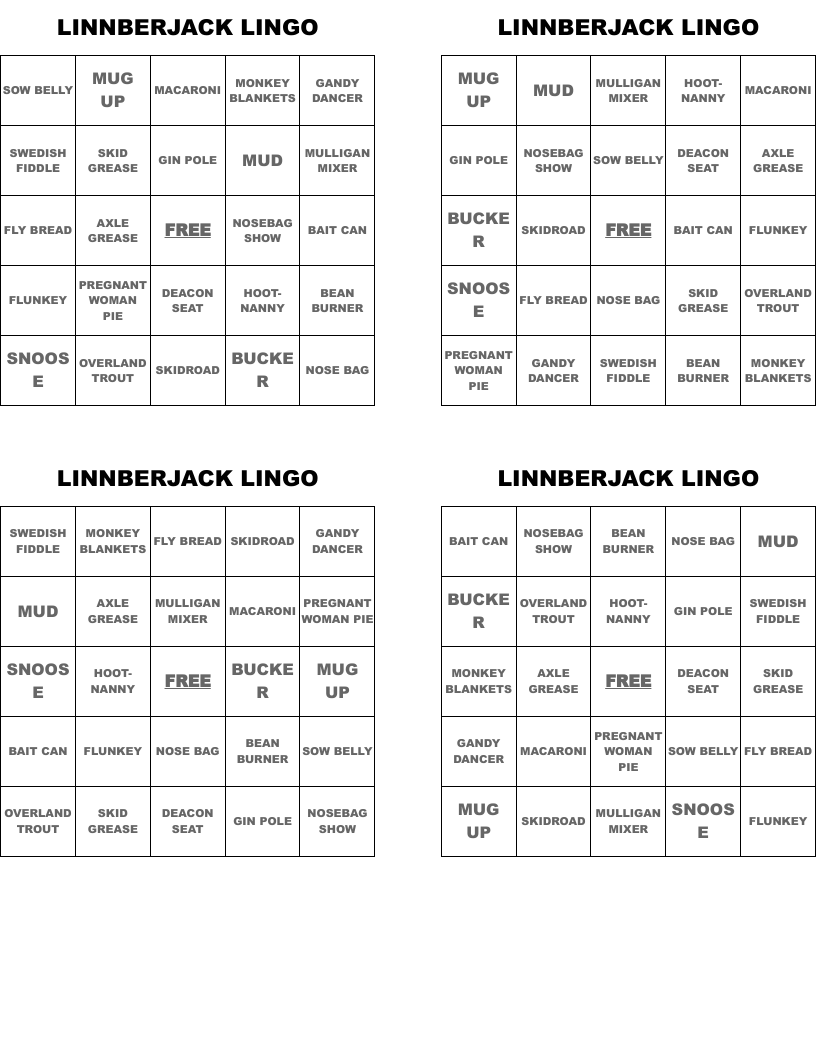 LINNBERJACK LINGO Bingo Cards