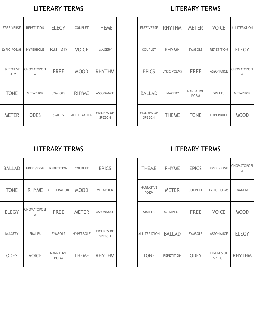 LITERARY TERMS Bingo Cards
