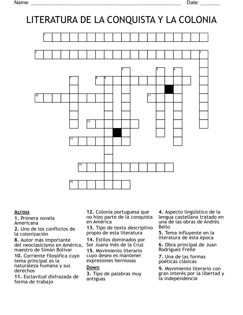 LITERATURA DE LA CONQUISTA Y LA COLONIA Crossword