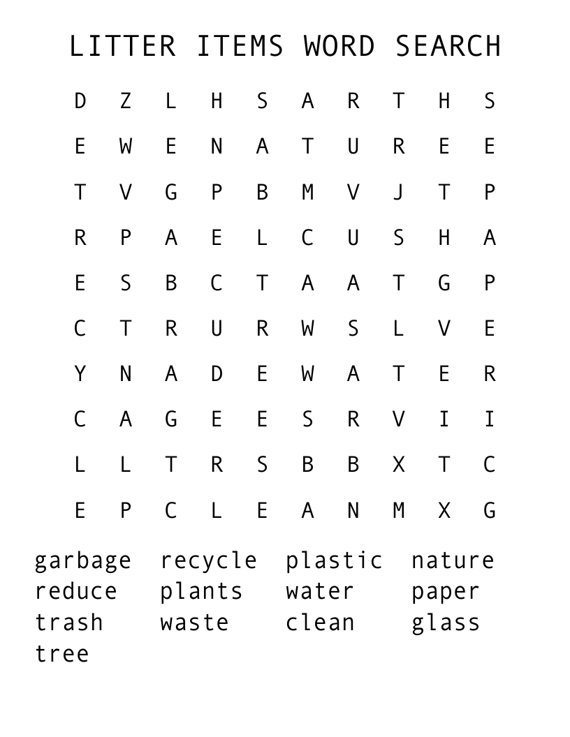 LITTER ITEMS WORD SEARCH 