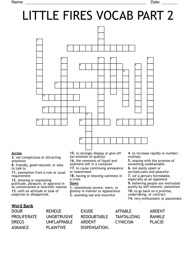 LITTLE FIRES VOCAB PART 2 Crossword