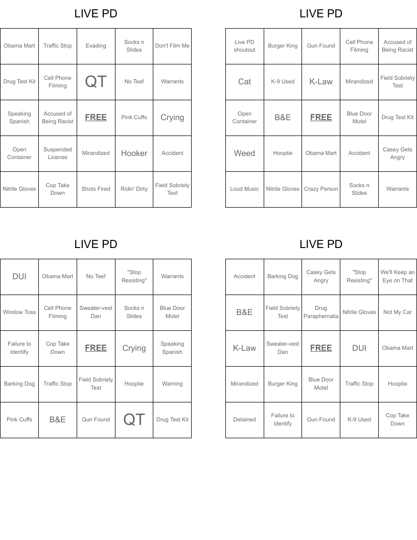 LIVE PD Bingo Cards