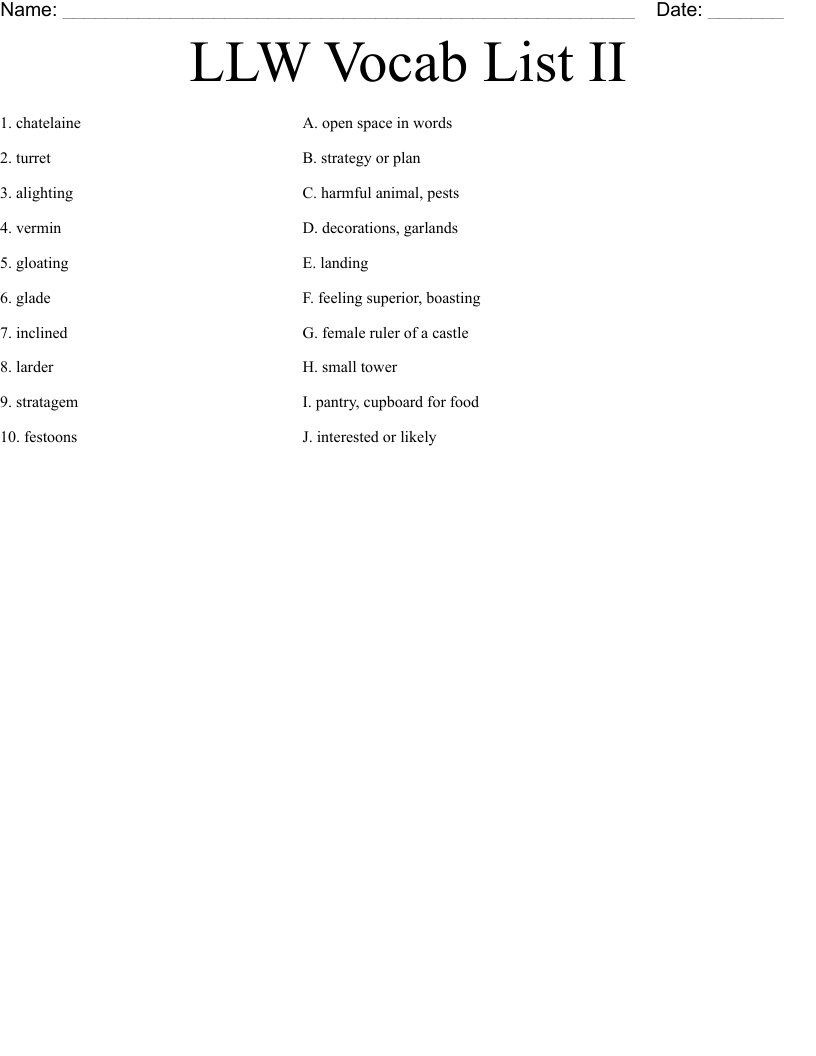 LLW Vocab List II Worksheet