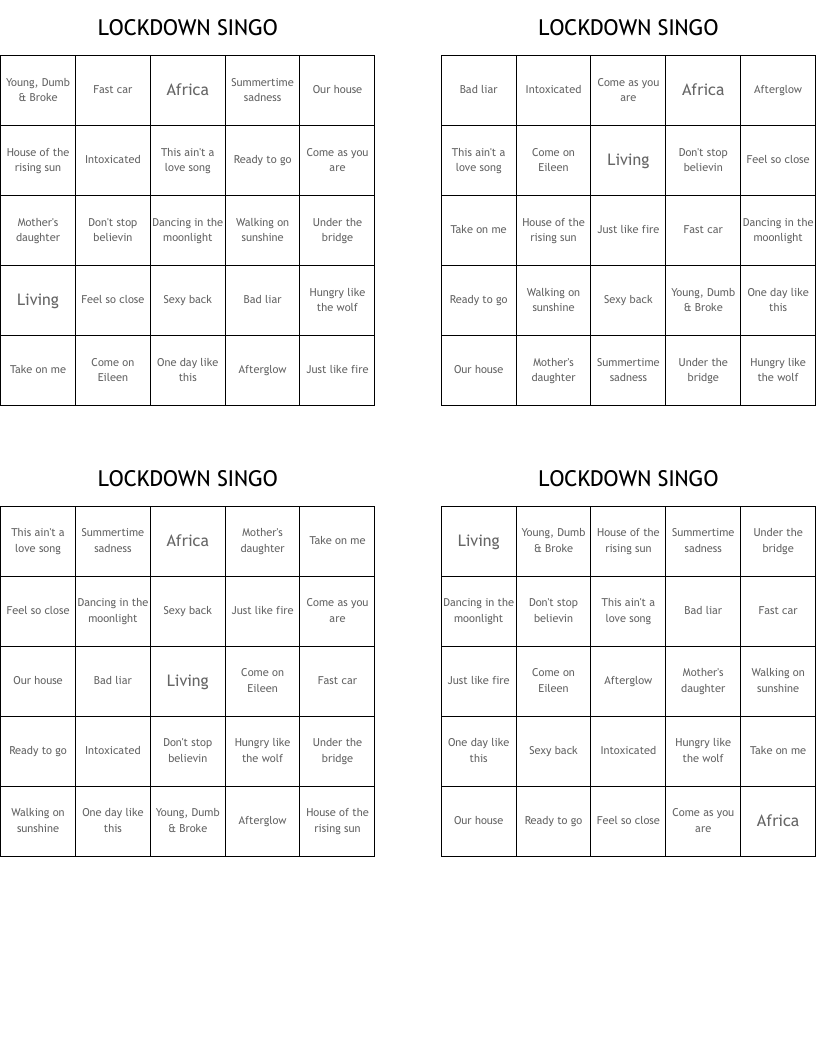 LOCKDOWN SINGO Bingo Cards