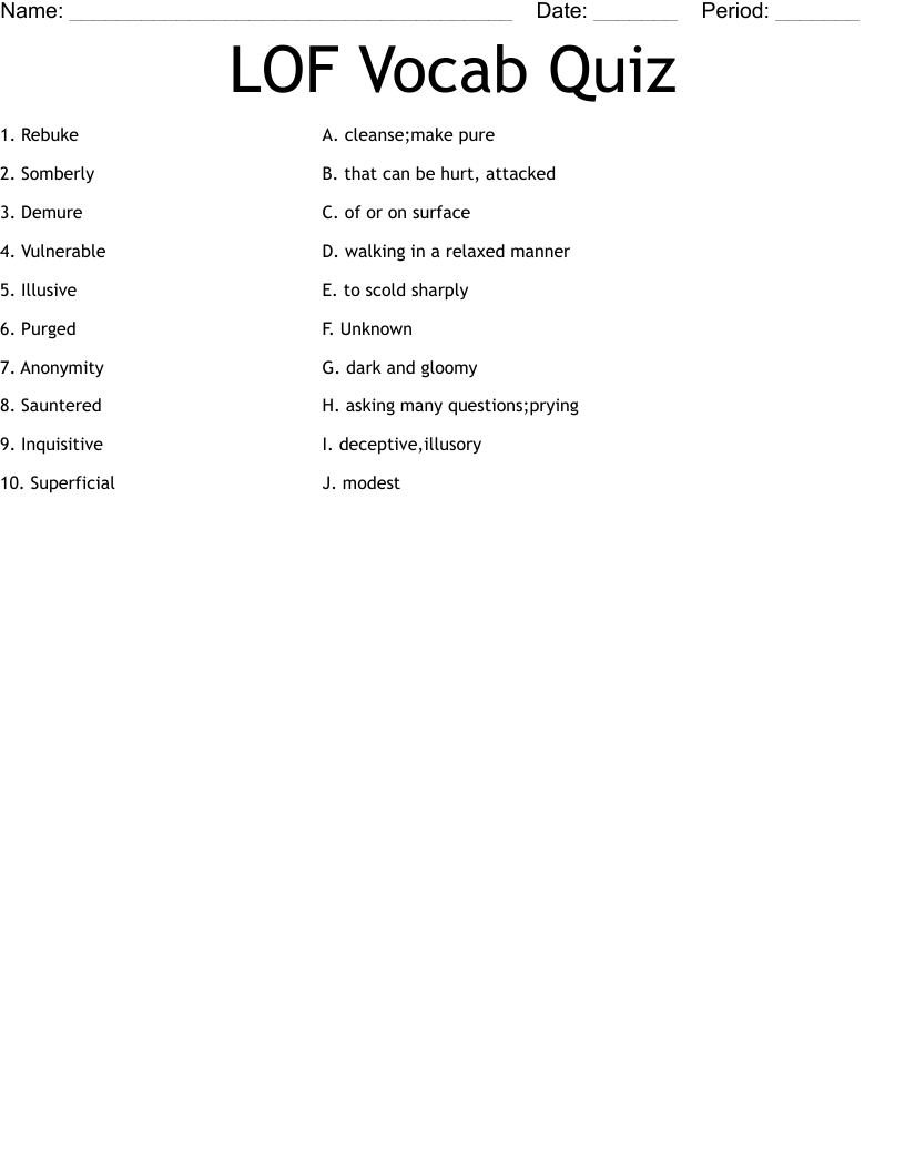 LOF Vocab Quiz Worksheet