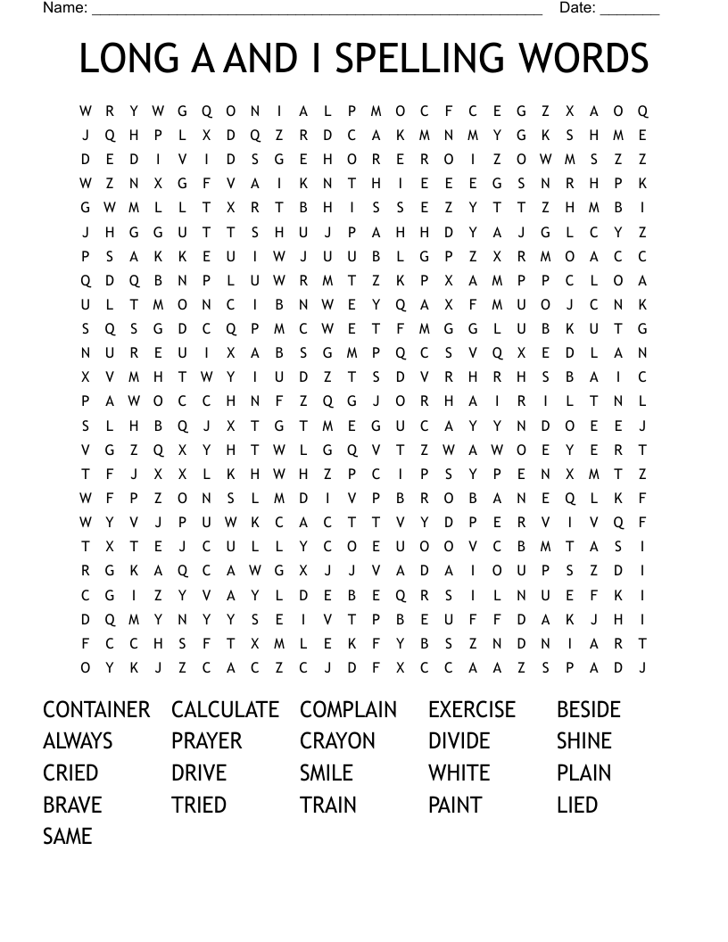 LONG A AND I SPELLING WORDS Word Search