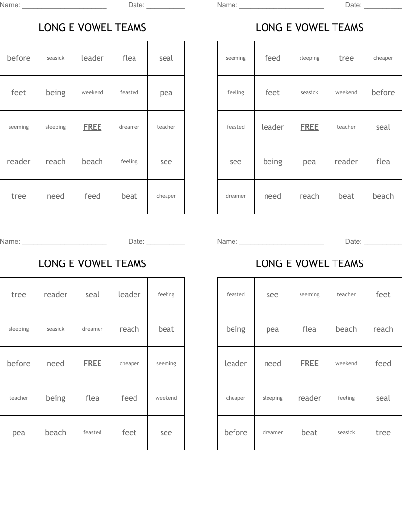 LONG E VOWEL TEAMS Bingo Cards