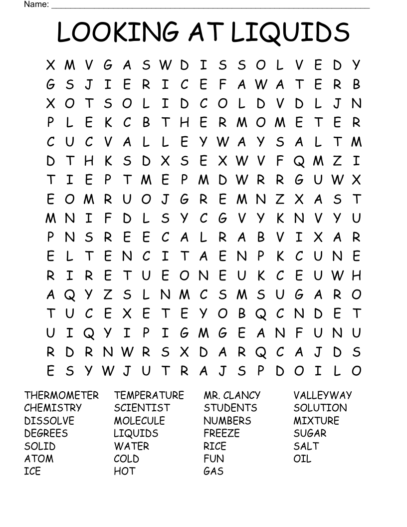 LOOKING AT LIQUIDS Word Search