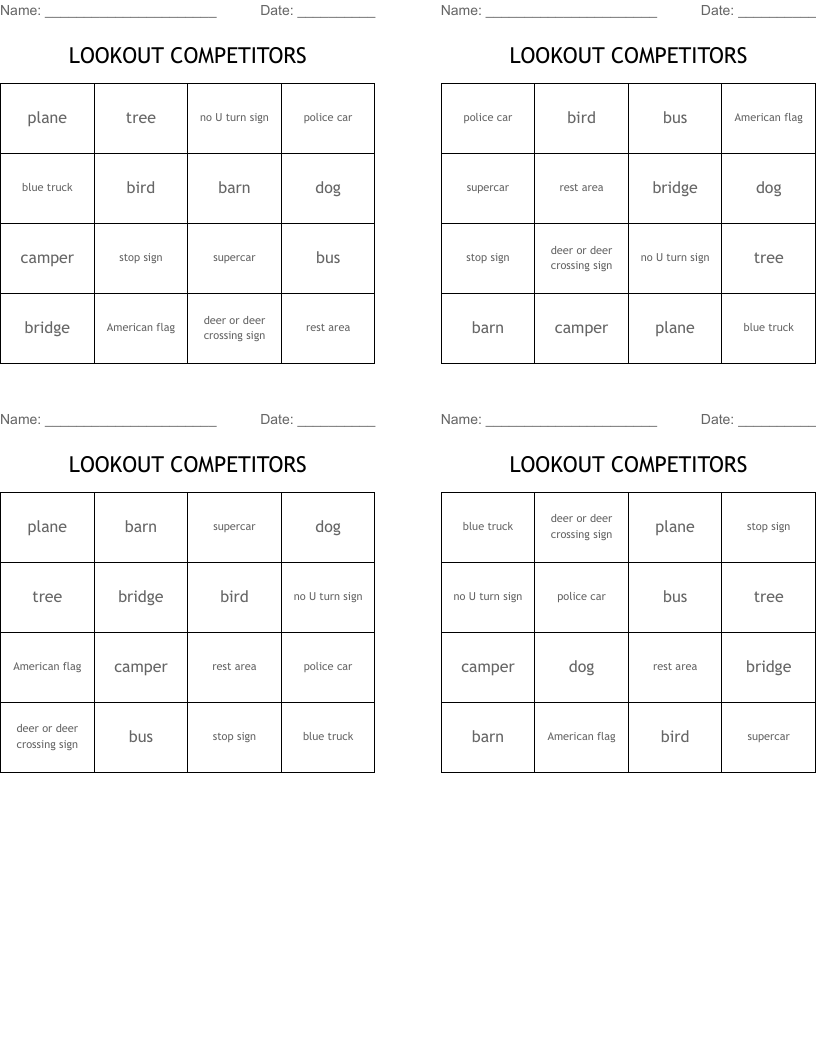 LOOKOUT COMPETITORS Bingo Cards