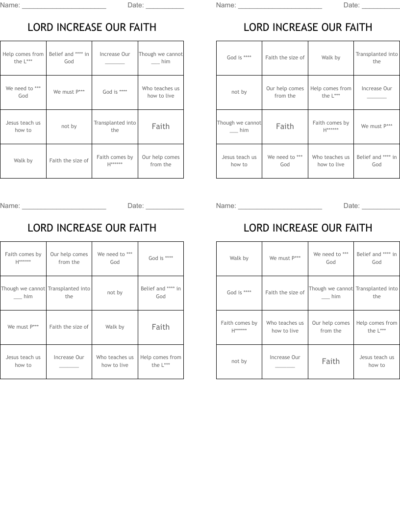 LORD INCREASE OUR FAITH Bingo Cards
