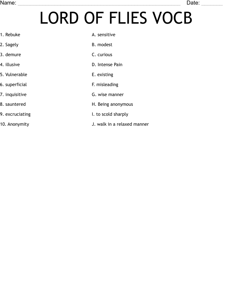 LORD OF FLIES VOCB Worksheet