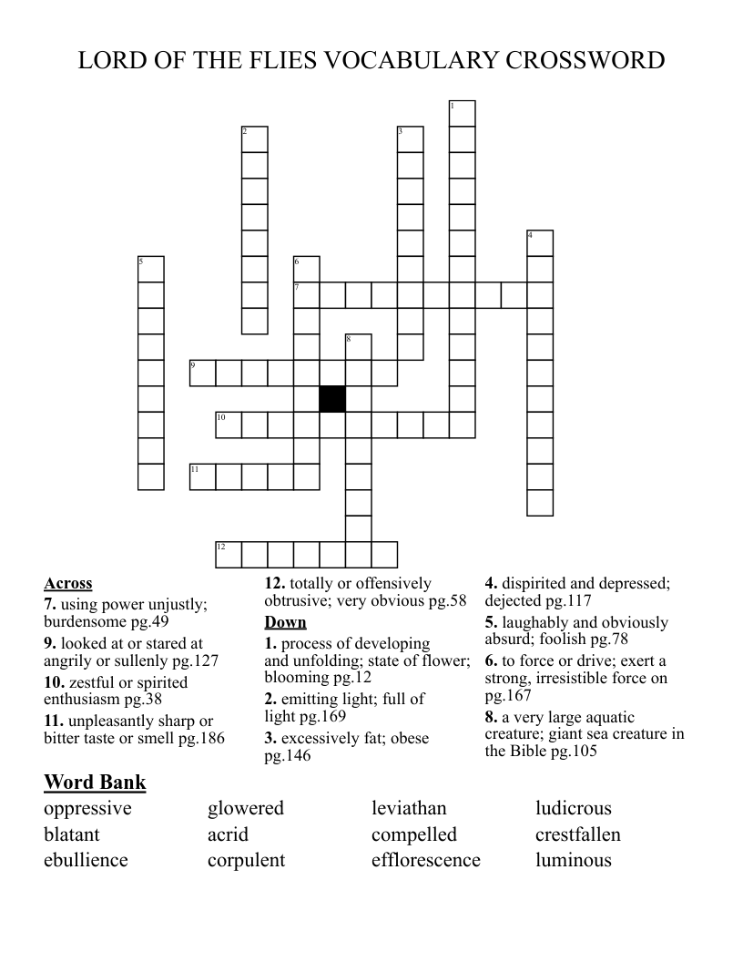LORD OF THE FLIES VOCABULARY CROSSWORD