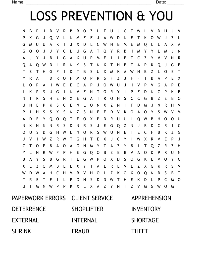 LOSS PREVENTION & YOU Word Search