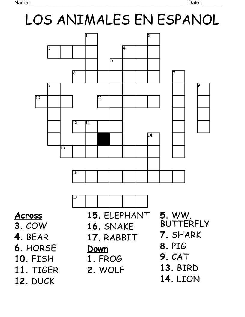 LOS ANIMALES EN ESPANOL Crossword