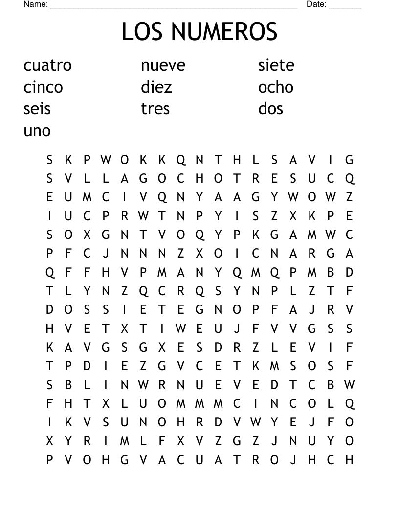 LOS NUMEROS Word Search