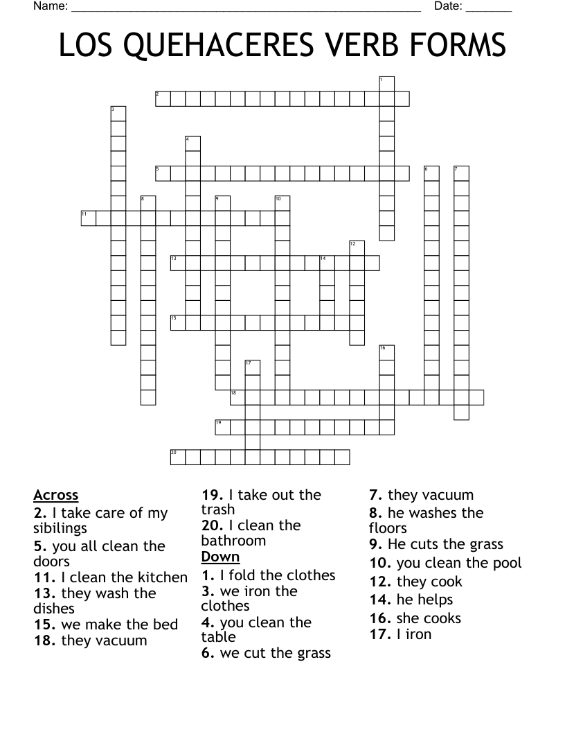 LOS QUEHACERES VERB FORMS Crossword