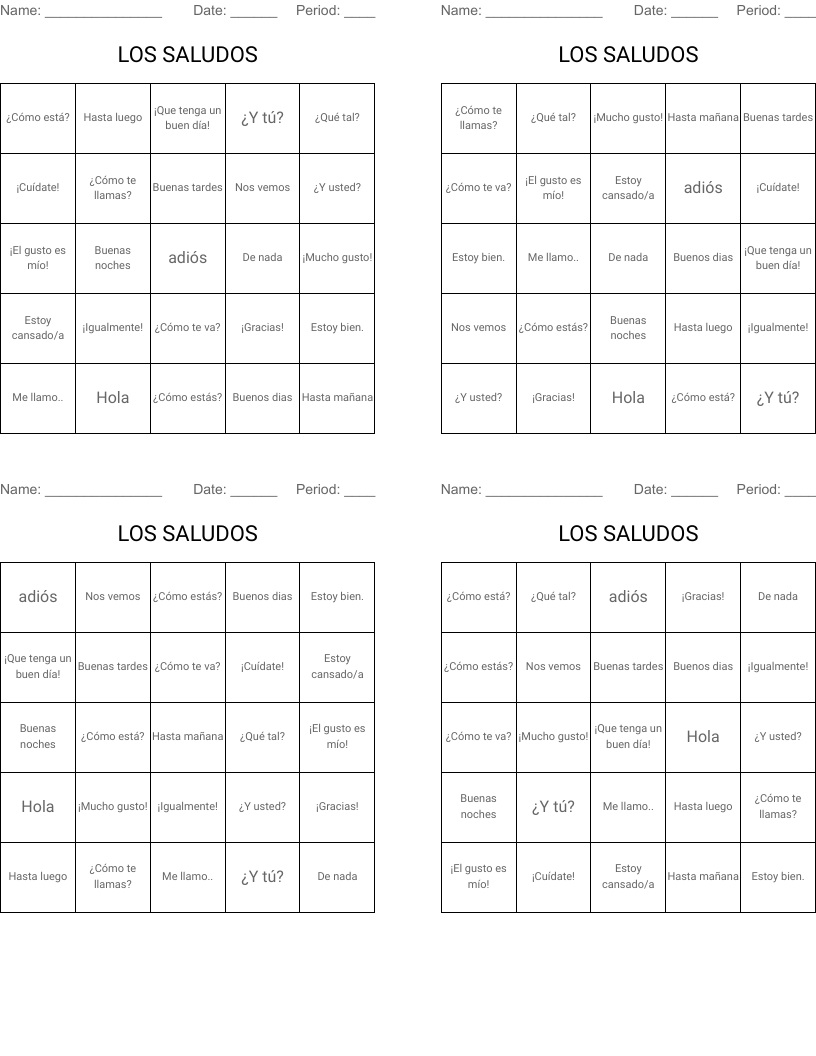 LOS SALUDOS  Bingo Cards