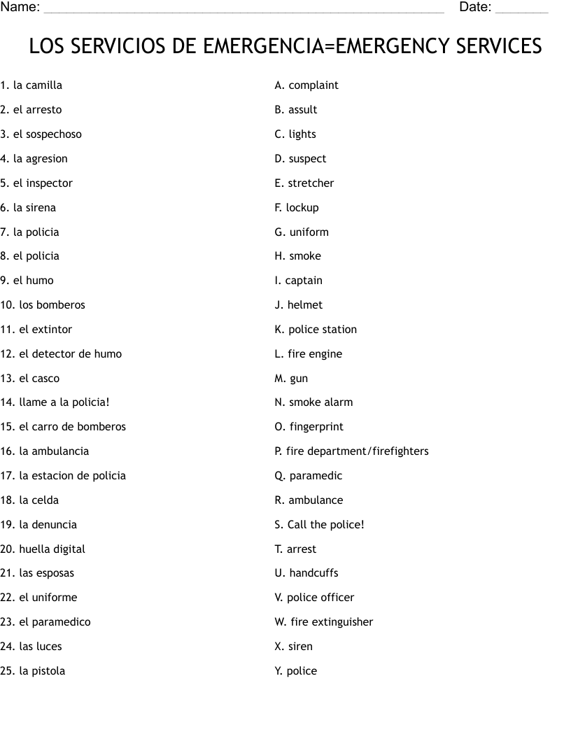 LOS SERVICIOS DE EMERGENCIA=EMERGENCY SERVICES Worksheet